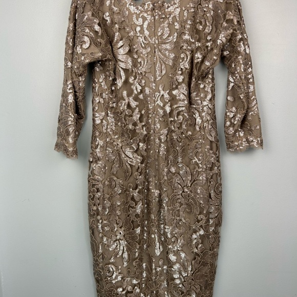 Tadashi Shoji Cocktail Dress Sequin Lace Embroidery Appliquéd Sand Beige Sz 8 - Picture 11 of 15
